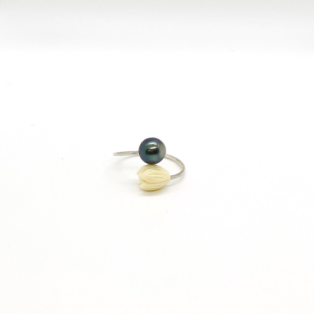 Tahitian Pearl and Pikake Ring